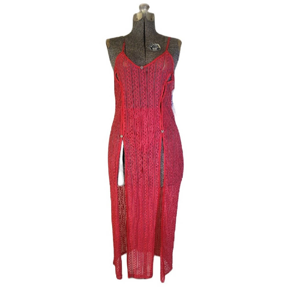 Vintage 80s 90s Red Mesh Geometric Double Slit Nightgown Lingerie Long Sheer M‎